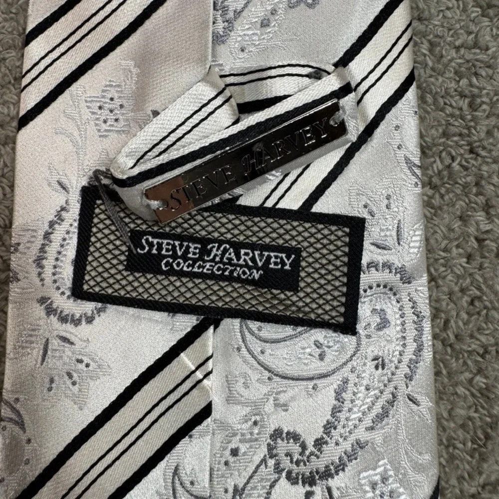 Steve Harvey Collection Mens Silk Tie Silver White Paisley Black Stripe Formal
